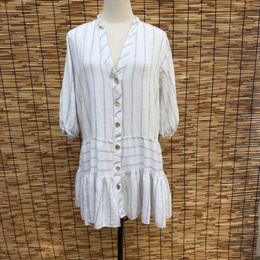 Zara Striped Ruffle Tiered Tunic Dress White Blue Button Front Puff Sleeve Small